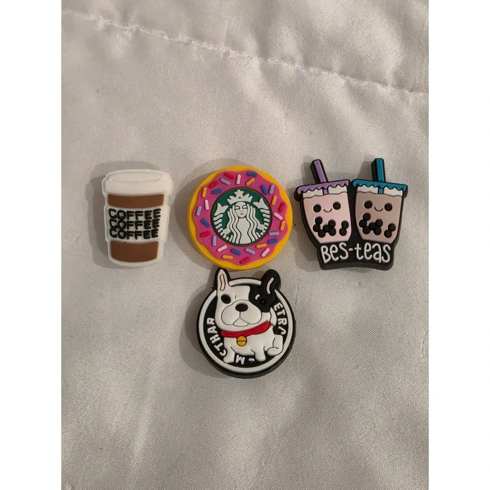 4pc Coffee Boba Donut Frenchie Shoe Charms for Clogs PVC Rubber Accessories Set